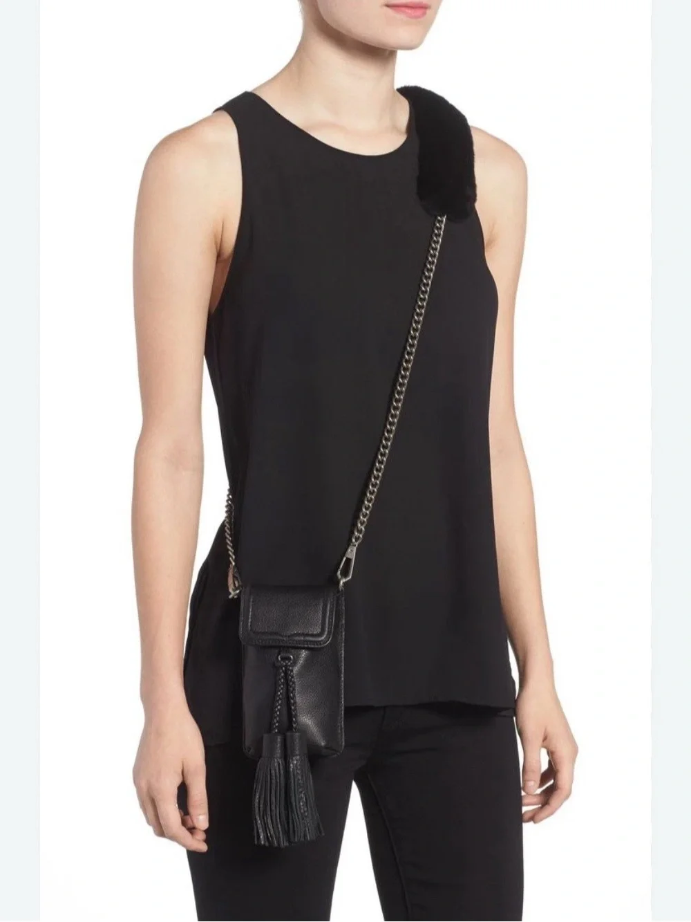 Rebecca Minkoff Isobel Pebbled Leather Phone Cross-Body Guitar Chain Strap w/Fur